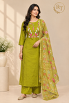 Lime Green Mull Chanderi Straight Cut 3-Piece Set with Embroidered Yoke & Floral Dupatta (RT1684)