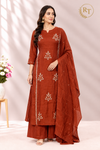 Rust Bloom Elegance – Premium Mull Chanderi A-Line 3 Piece Suit Set (RT1658)