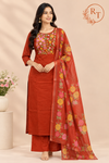 Orange Mull Chanderi Straight Cut 3-Piece Set with Embroidered Yoke & Floral Dupatta (RT1691)