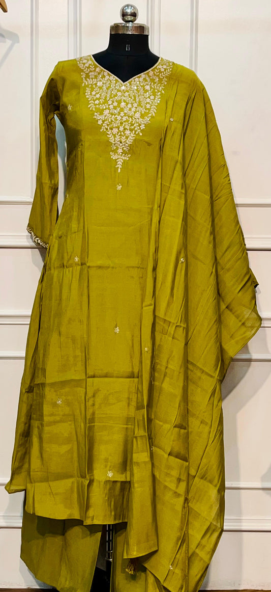 Olive Bloom Mull Chanderi A-Line 3 Piece Suit Set (RT1162)