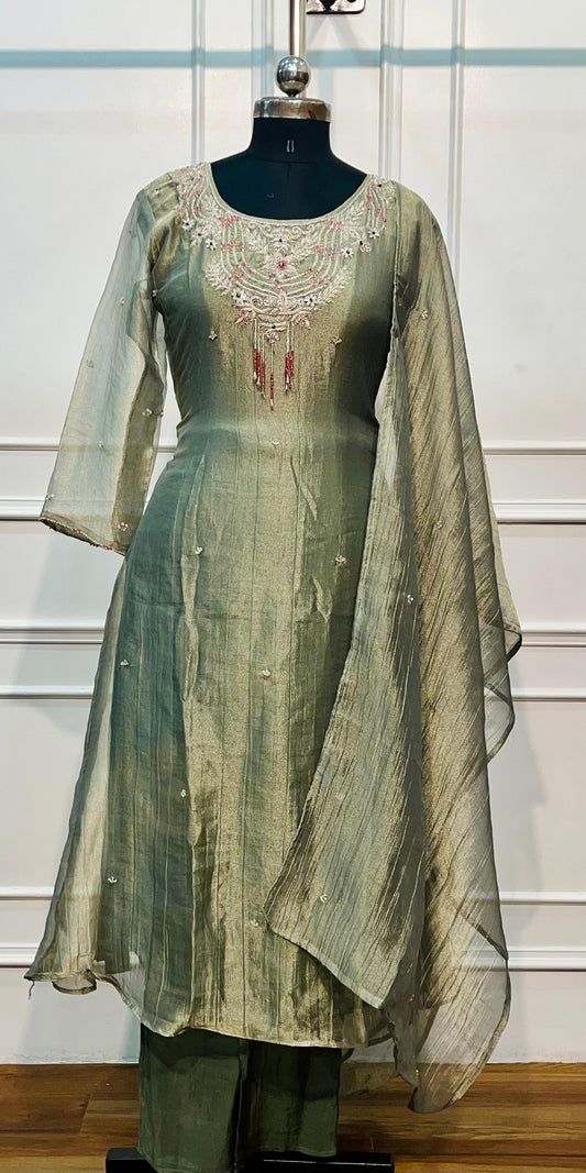 Olive Green Embroidered A-Line Suit Set (RT1346)