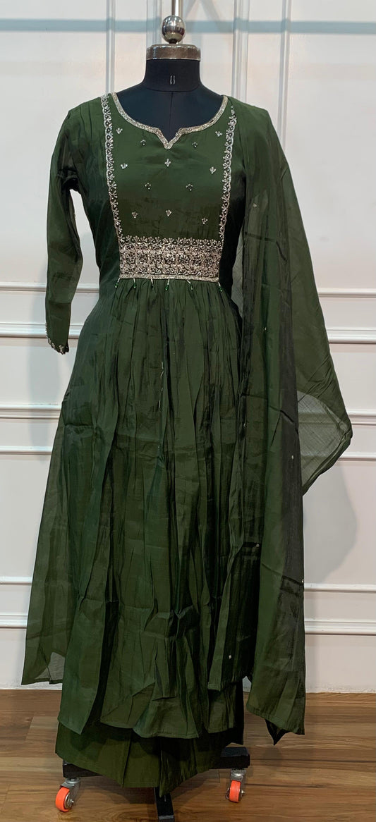 Emerald Royale Mull Chanderi Embroidered A-Line Suit Set (RT1610)