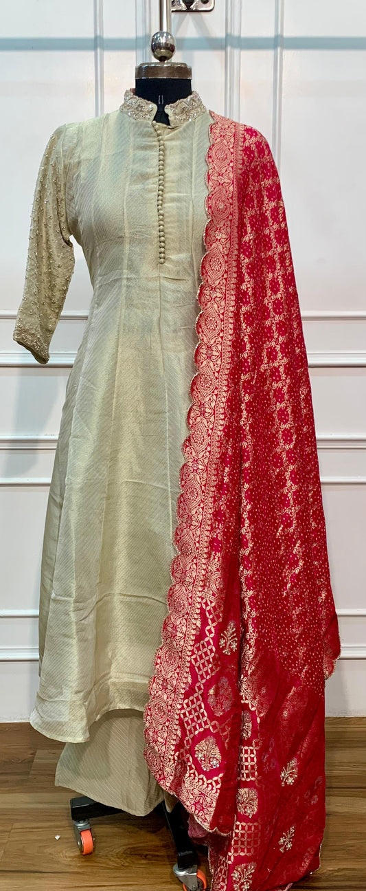 Ivory Royale Tissue Embroidered Anarkali Suit Set with Maroon Bandhani Dupatta (RT1602)
