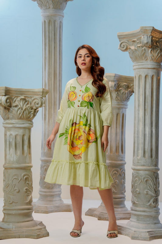 Pastel Green Floral Print Tiered Kurta Dress 135