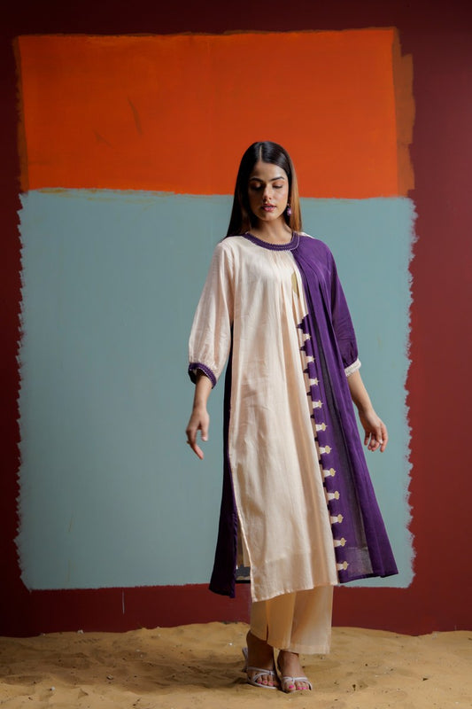 Beige & Purple Color Block Cotton Kurta 2pc Set 165