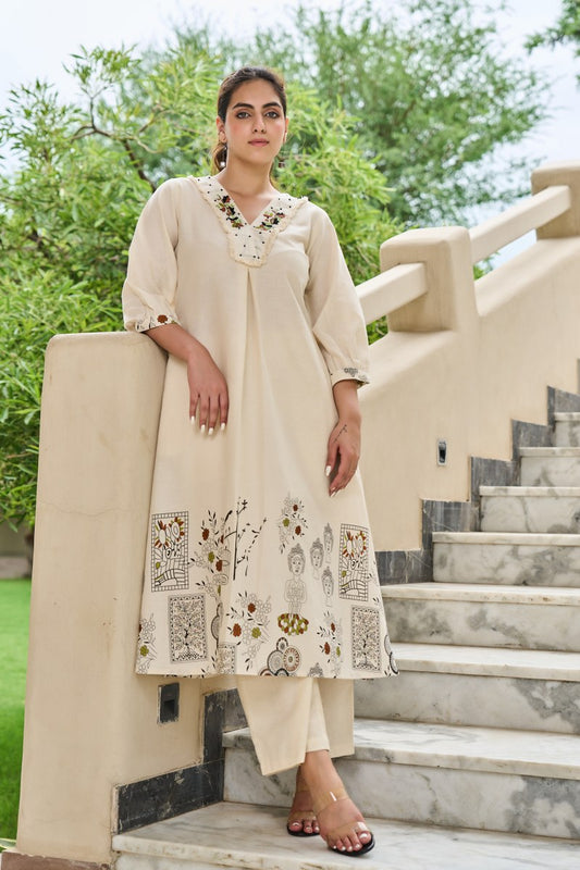 Cream Ethnic Motif Printed Cotton Kurta 2pc Set 155