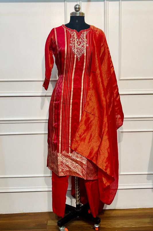 Scarlet Red Shimmer Straight Cut Suit Set (RT2014)