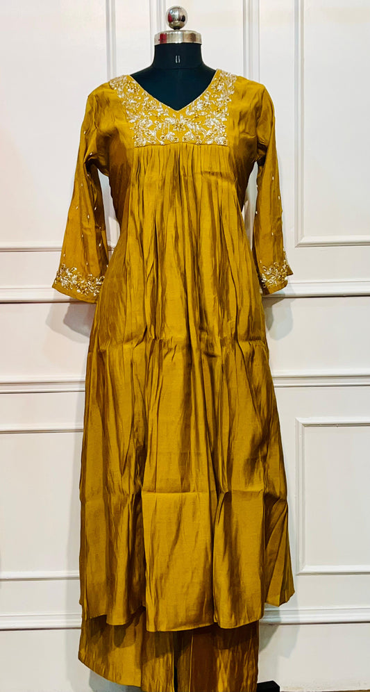 Mustard Grace Mull Chanderi Suit Set (RT1020)