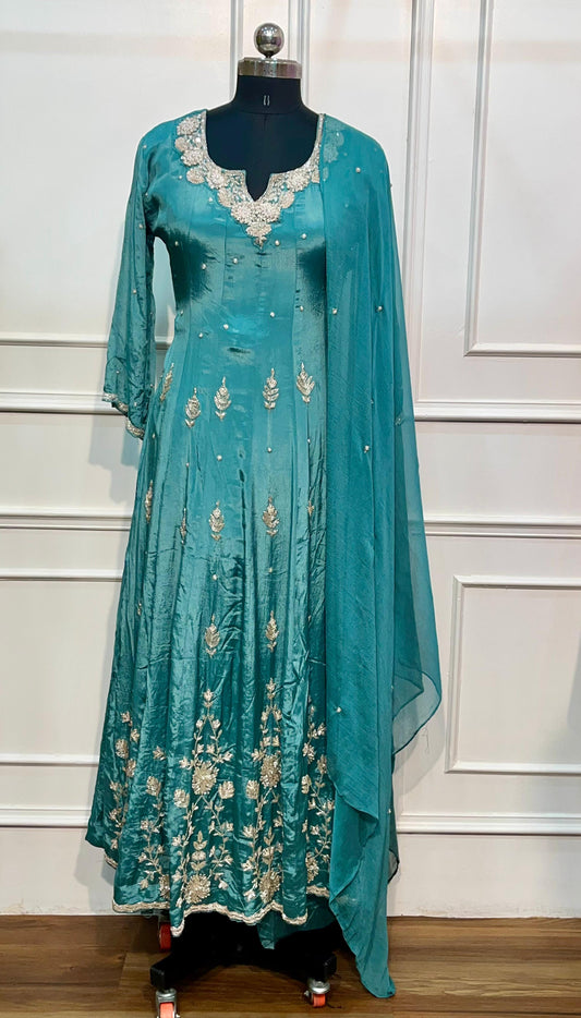 Teal Elegance Chinon Embroidered Anarkali Suit Set (RT1035)