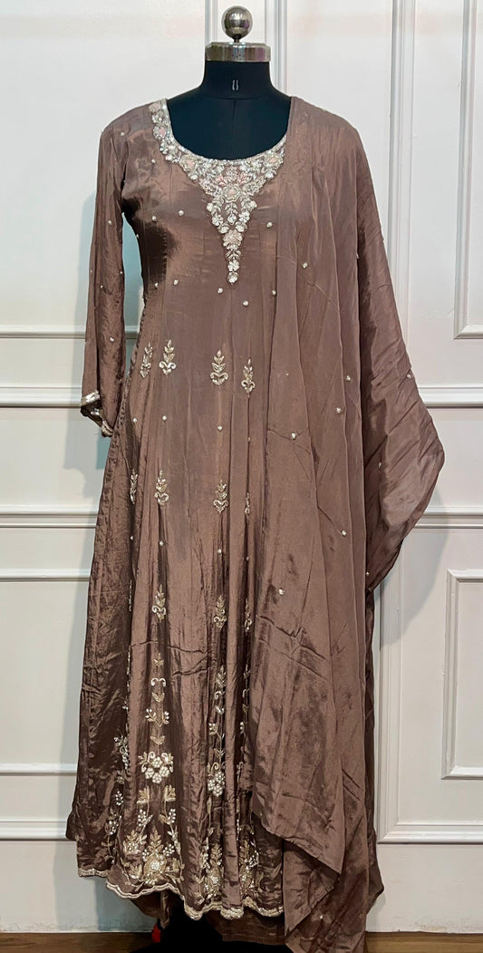 Mocha Rose Chinon Embroidered Anarkali Suit Set (RT1034)