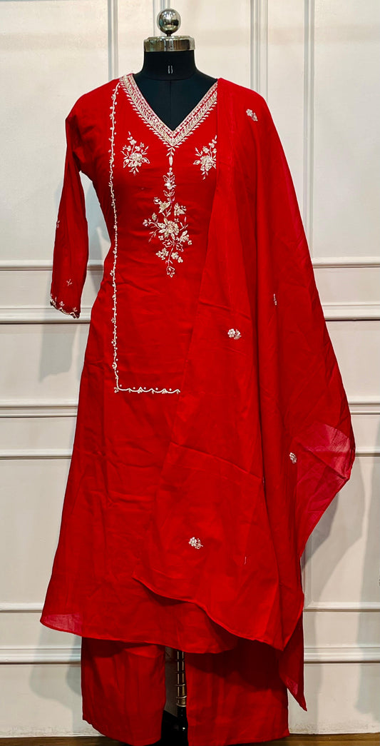 Crimson Red Mull Cotton Suit Set (RT1051)