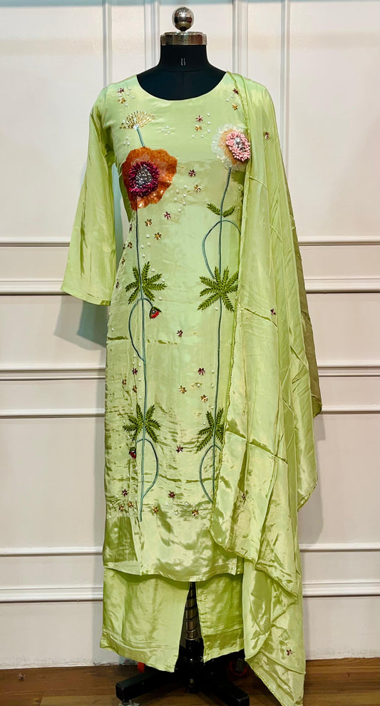 3D Floral Embroidered HO Green Suit Set (RT1072)
