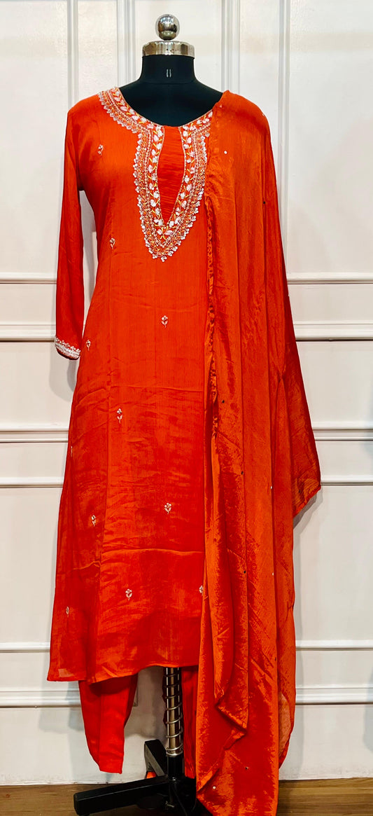 Orange Aura Chinon A-Line Anarkali Set (RT1089)