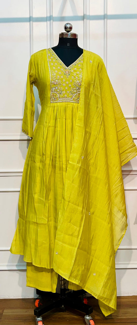 Golden Meadow Poly Mull Chanderi Embroidered Anarkali Suit Set (RT1097)
