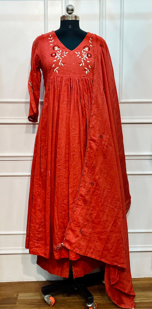Coral Blossom Mull Cotton Embroidered Empire Cut Suit Set (RT1099)