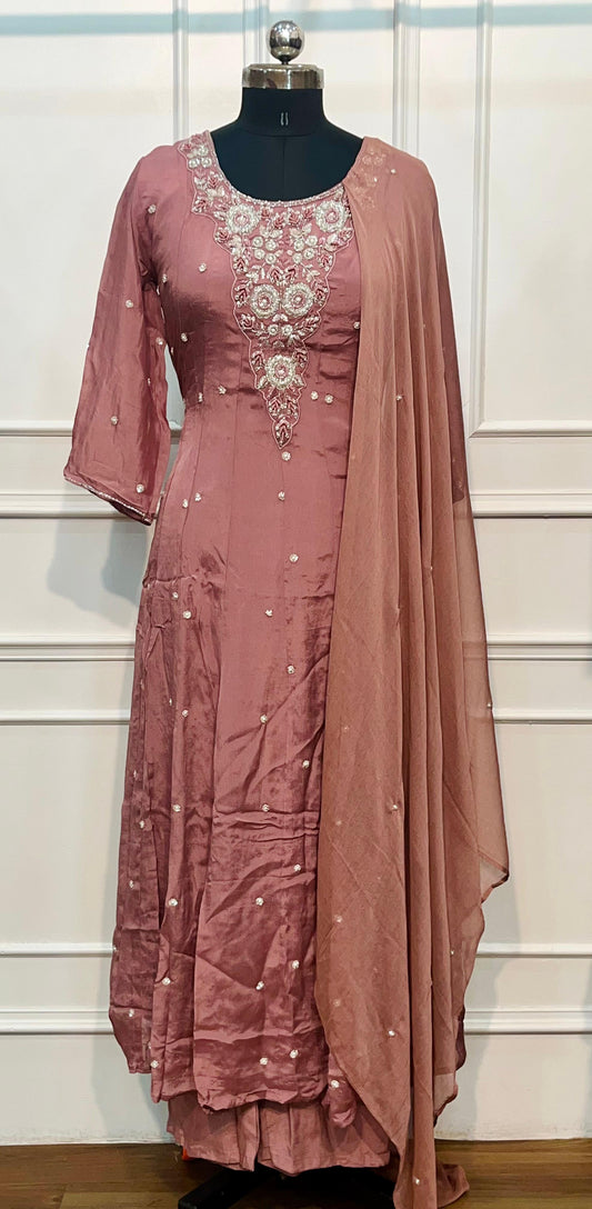 Mauve Blossom Chinon Embroidered Anarkali Suit Set (RT1101)