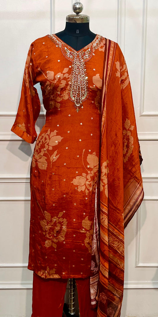 Rust Blossom Chinon Printed Straight Cut Suit Set (RT1105)