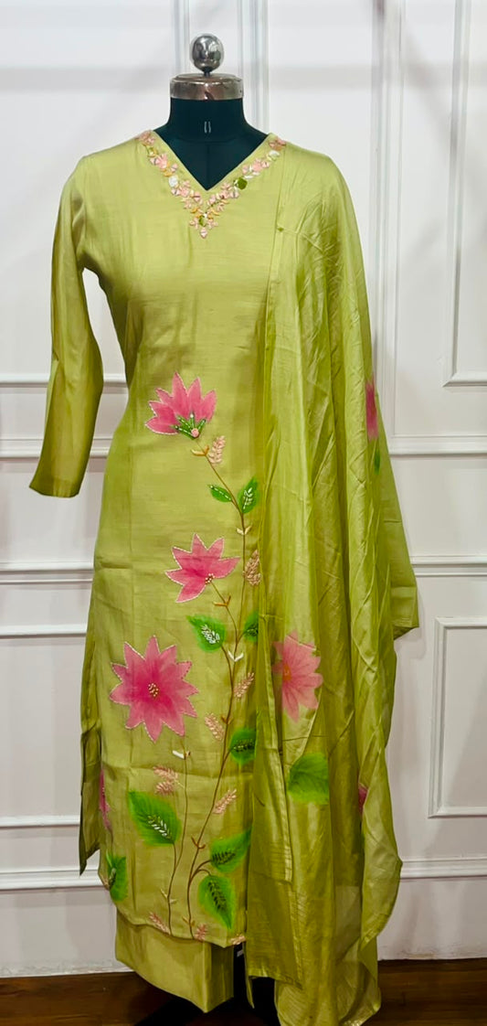 Pistachio Bloom – Poly Mull Chanderi 3 Piece Suit Set (RT1123)