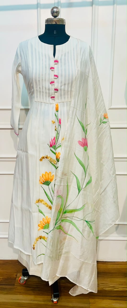White Petals – Poly Mull Chanderi 3 Piece Suit Set (RT1124)
