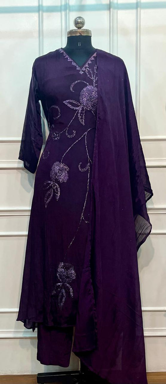 Midnight Plum Elegance – Premium Chinon A-Line Suit Set (RT1112)