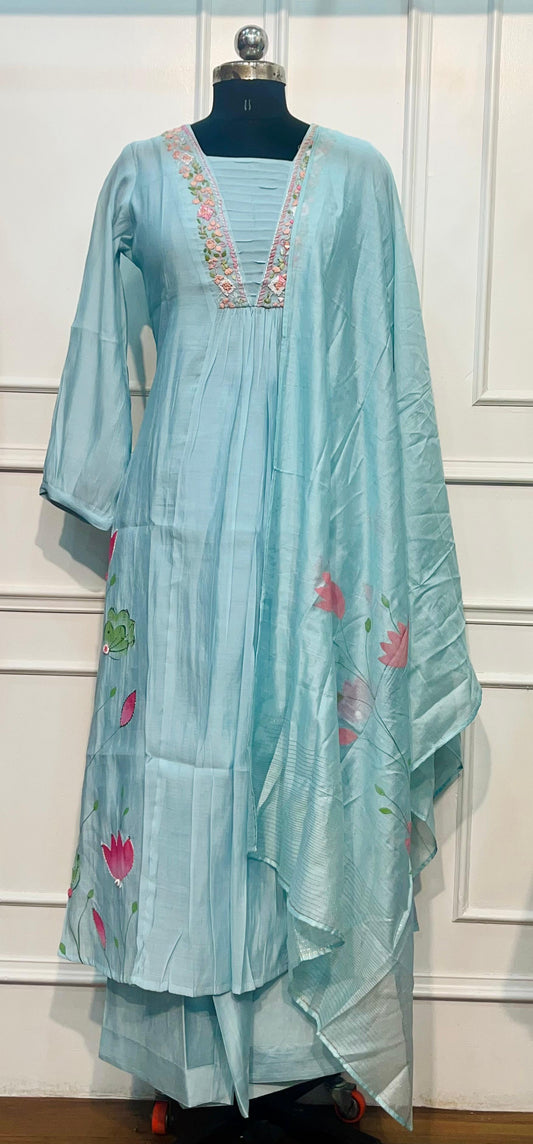 Sky Blossom – Poly Mull Chanderi A-Line Suit Set (RT1117)