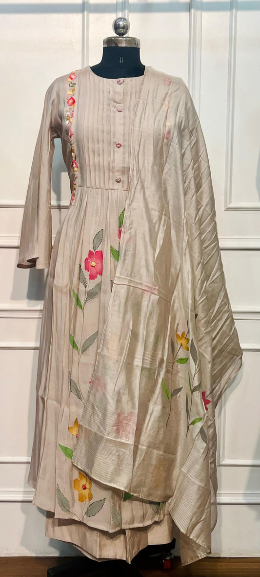 Beige Blossom – Poly Mull Chanderi 3 Piece Suit Set (RT1121)