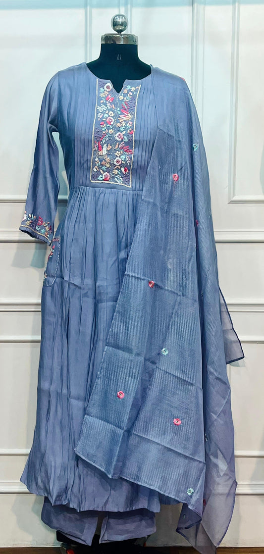 Periwinkle Poetry – Poly Mull Chanderi A-Line Suit Set (RT1118)