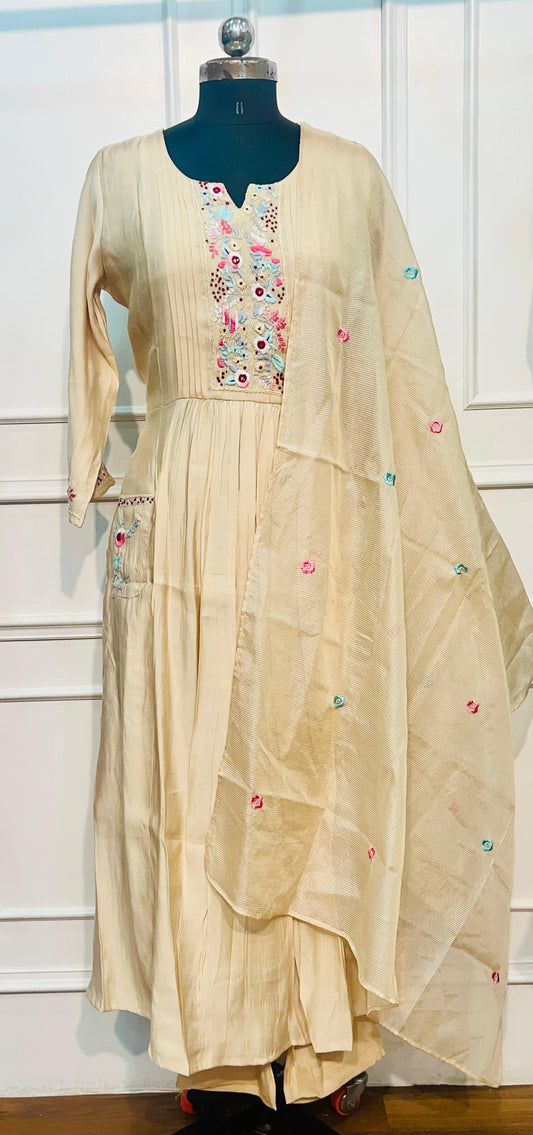 Honey Oat – Poly Mull Chanderi 3 Piece Suit Set (RT1119)
