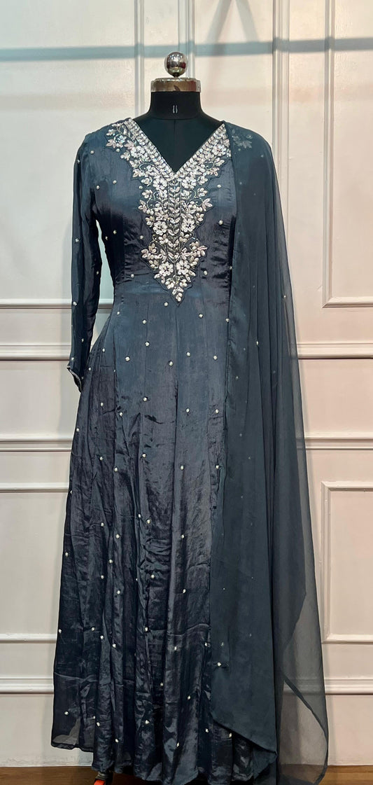 Celestial Slate – Premium Chinon Anarkali 3 Piece Suit Set (RT1127)