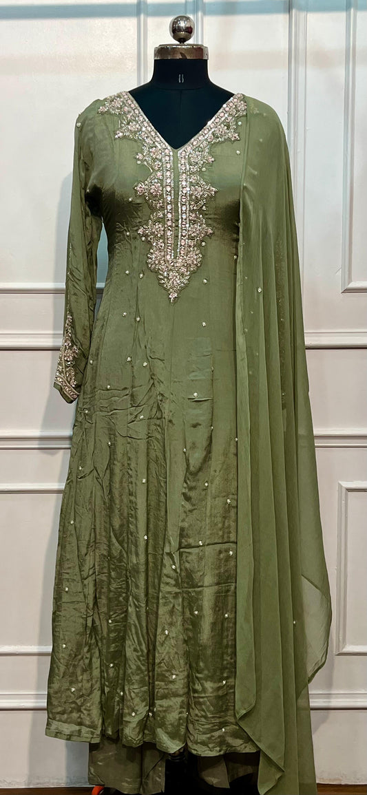 Olive Aura – Premium Chinon Anarkali 3 Piece Suit Set (RT1130)