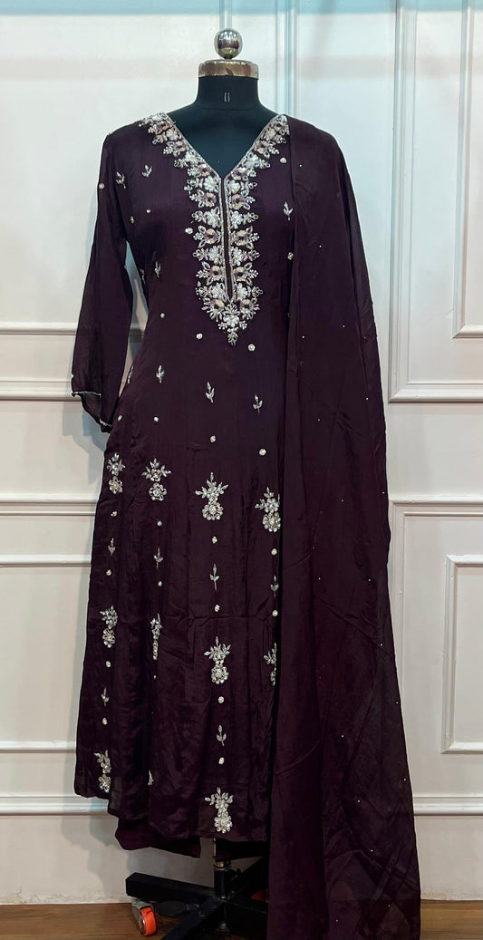 Cocoa Elegance – Premium Chinon Anarkali 3 Piece Suit Set (RT1131)