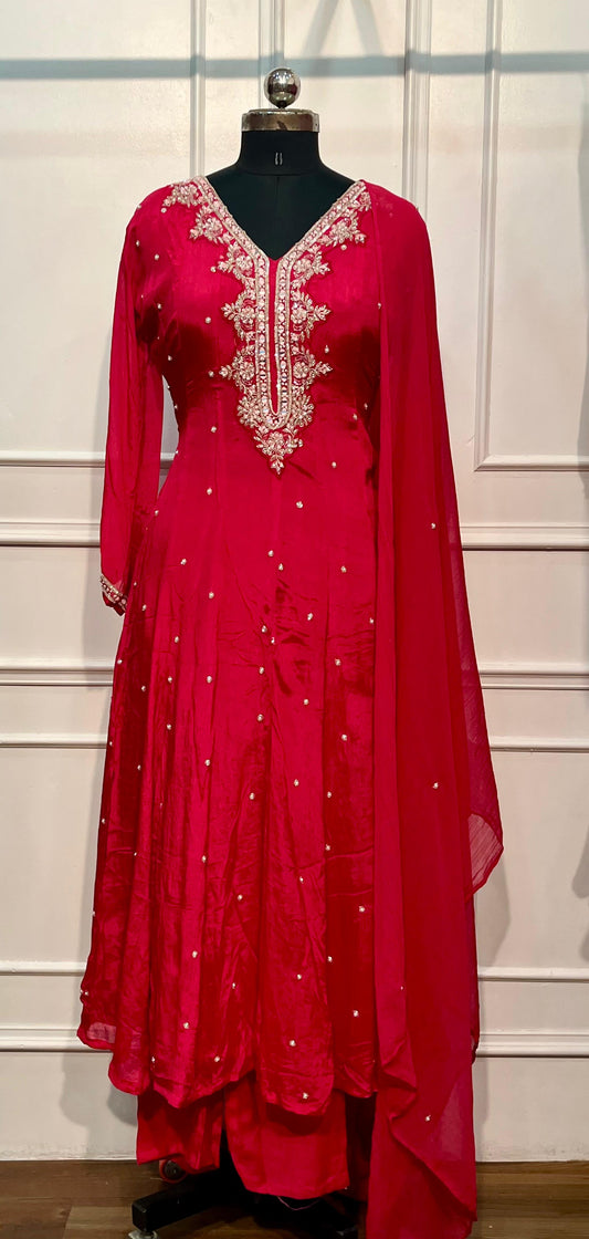 Cherry Red – Premium Chinon Anarkali Suit Set (RT1137)