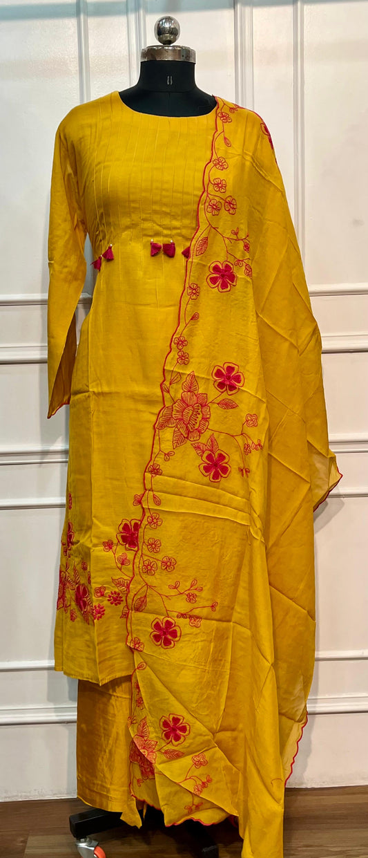 Mustard Bloom Embroidered Chanderi Suit Set