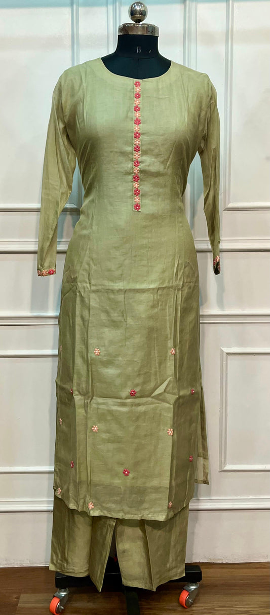 Olive Blossom Embroidered Chanderi Suit Set (L)