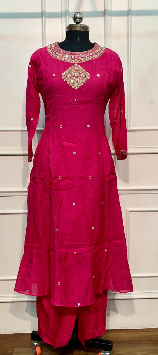 Rani Pink Mirror Embroidered Chanderi Suit Set (RT1142)
