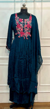 Navy Blue Embroidered Chinon Empire Suit Set (L, XL,XXL)
