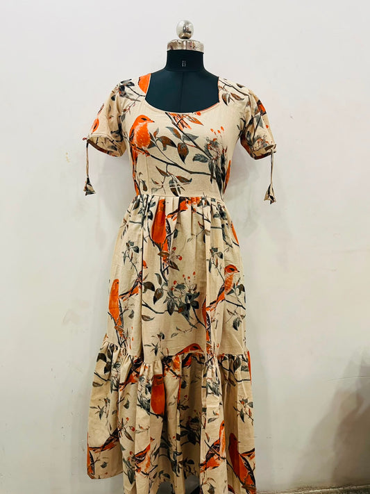 Rust Bird Cotton Kalamkari Dress (RT1145)