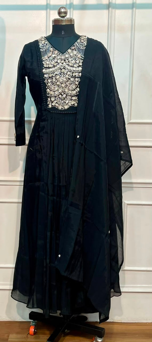 Midnight Royale Mull Chanderi Embroidered Anarkali Suit Set (RT1153)
