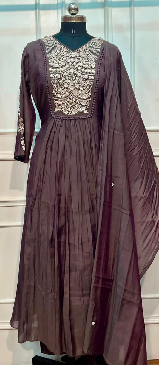 Mocha Imperial Mull Chanderi Embroidered Anarkali Suit Set (RT1151)