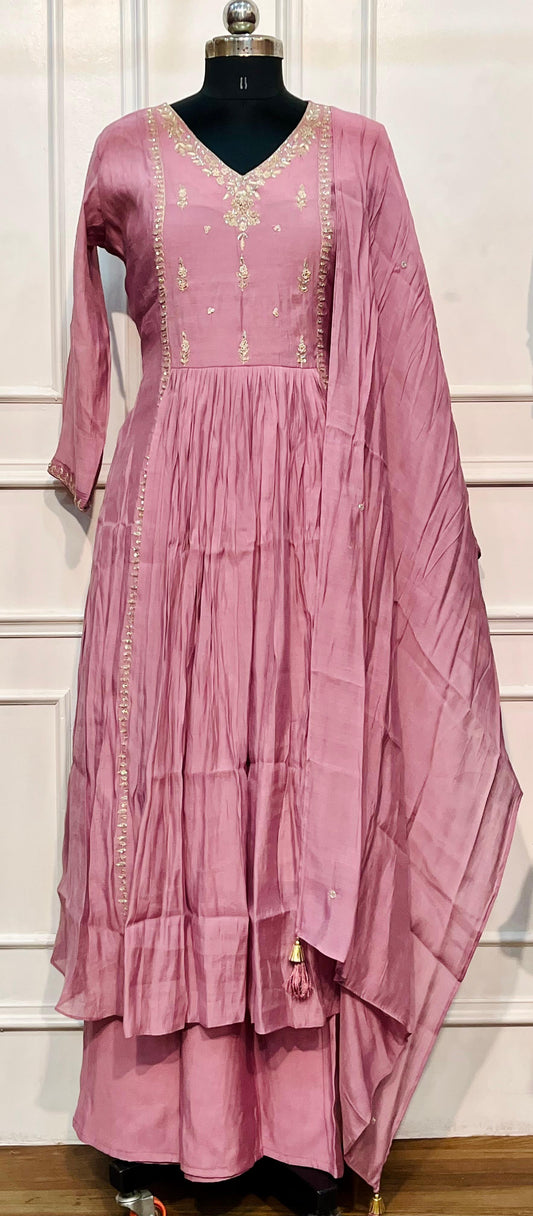 Dusty Rose Charm Premium Mull Chanderi A-Line Suit Set (RT1165)