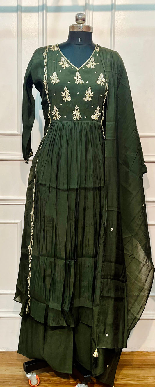 Verdant Grace Premium Mull Chanderi A-Line 3 Piece Suit Set (RT1159)