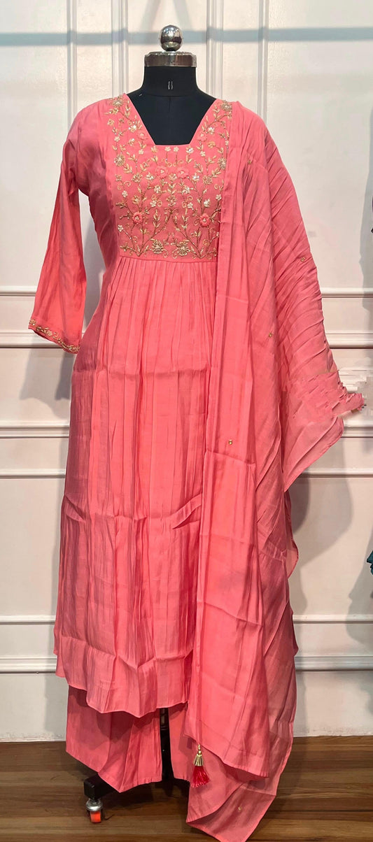 Coral Petal Glow Premium Mull Chanderi A-Line 3 Piece Suit Set (RT1157)