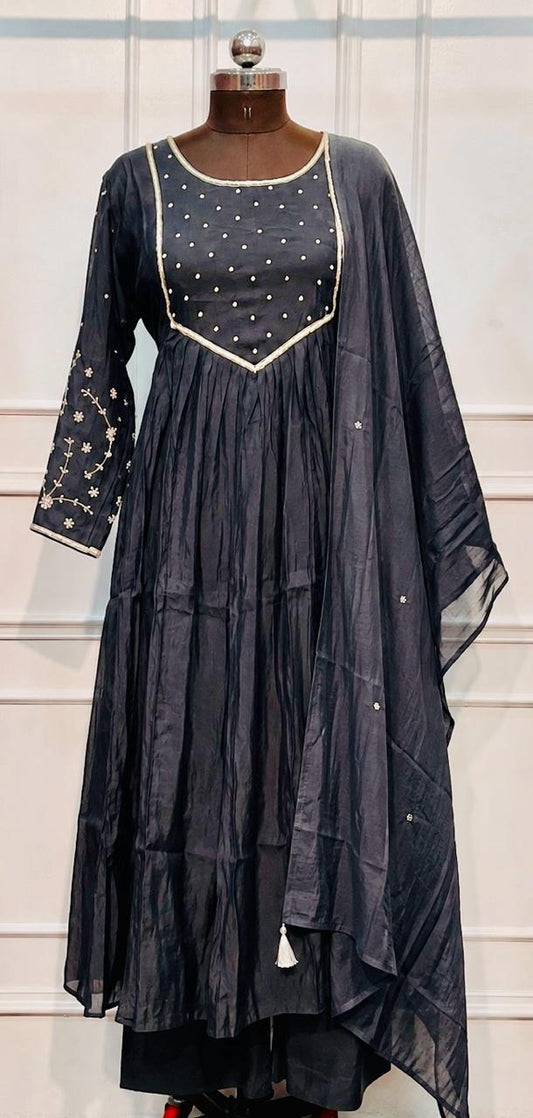 Starlit Charcoal Premium Mull Chanderi A-Line 3 Piece Suit Set (RT1160)