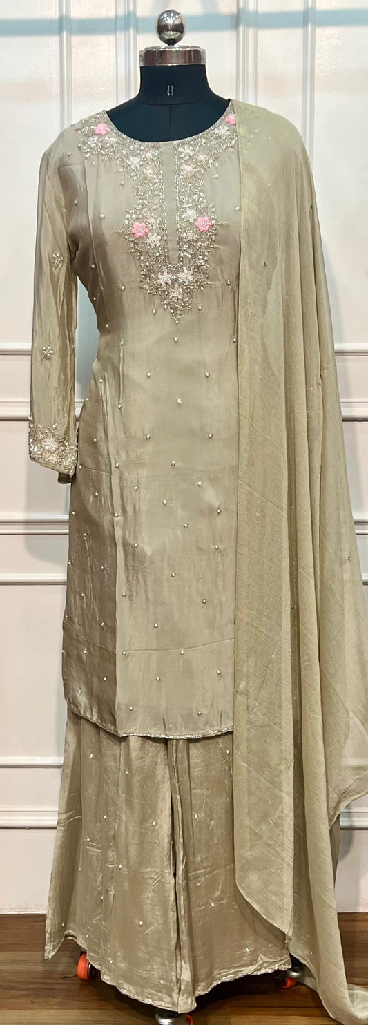 Dusty Beige Chinon Embroidered Sharara Set (RT1171)