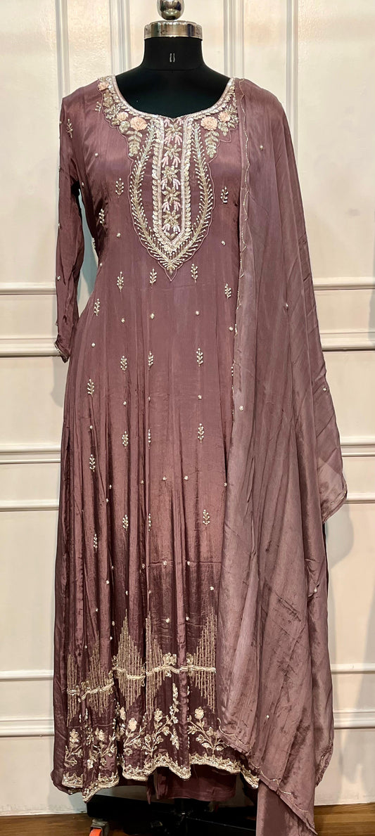 Dusty Mauve Chinon Embroidered anarkali Suit Set (RT1176)