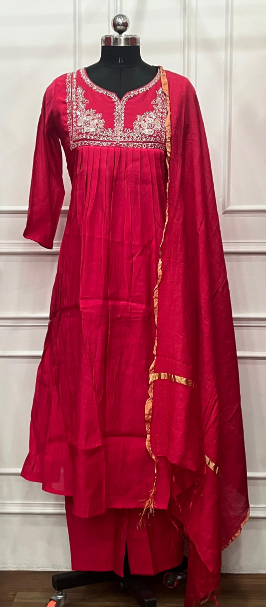 Cherry Red Premium Mull Chanderi A-Line Set (RT1181)