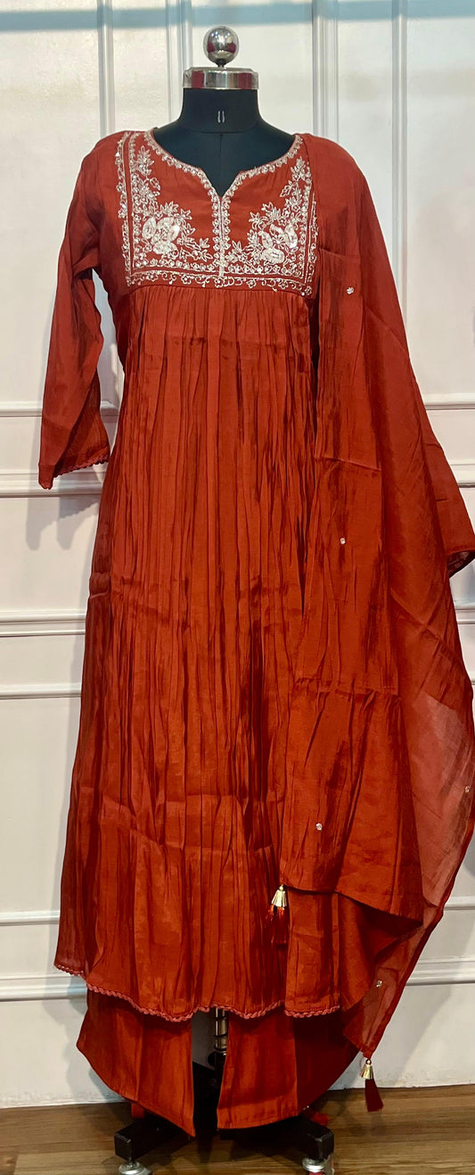 Rust Ember Premium Mull Chanderi A-Line Suit Set (RT1182)