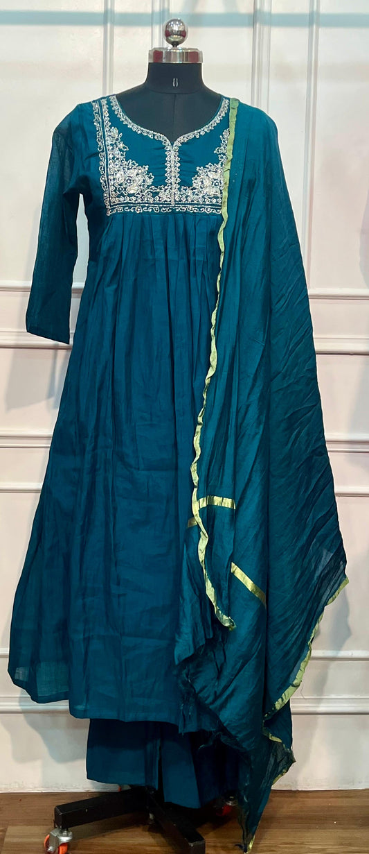 Teal Grace Premium Mull Chanderi A-Line Suit Set (RT1185)