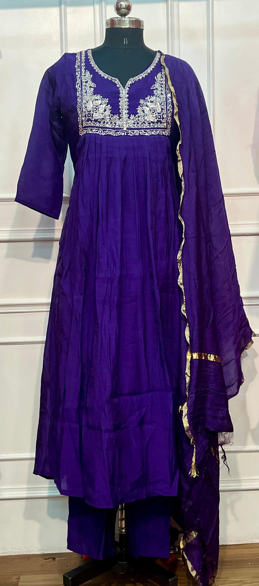 Imperial Violet Premium Mull Chanderi A-Line Suit Set (RT1187)