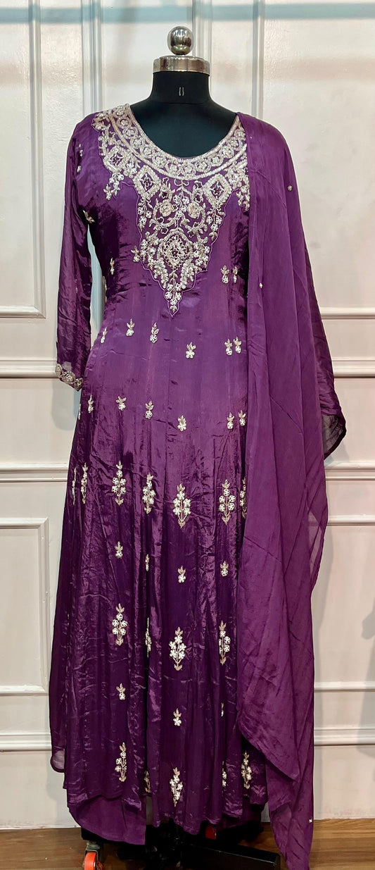 Plum Royale Premium Chinon Embroidered Anarkali Suit Set (RT1192)